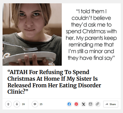 AITAH For Refusing To Spend Christmas At Home If My Sister Is Released From Her Eating Disorder Clinic