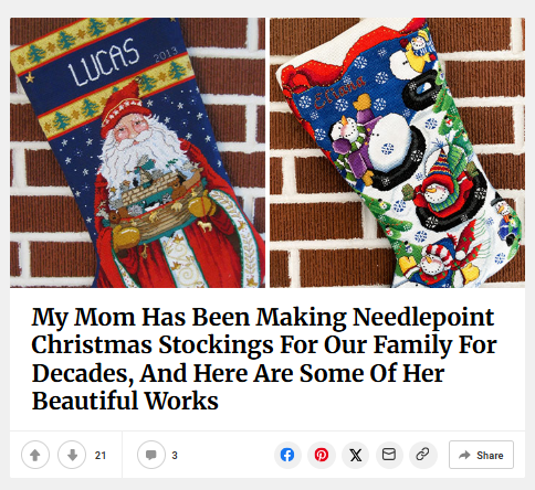My Mom Has Been Making Needlepoint Christmas Stockings For Our Family For Decades, And Here Are Some Of Her Beautiful Works