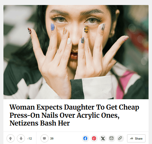 Woman Expects Daughter To Get Cheap Press-On Nails Over Acrylic Ones, Netizens Bash Her