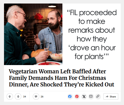 Vegetarian Woman Left Baffled After Family Demands Ham For Christmas Dinner, Are Shocked They’re Kicked Out