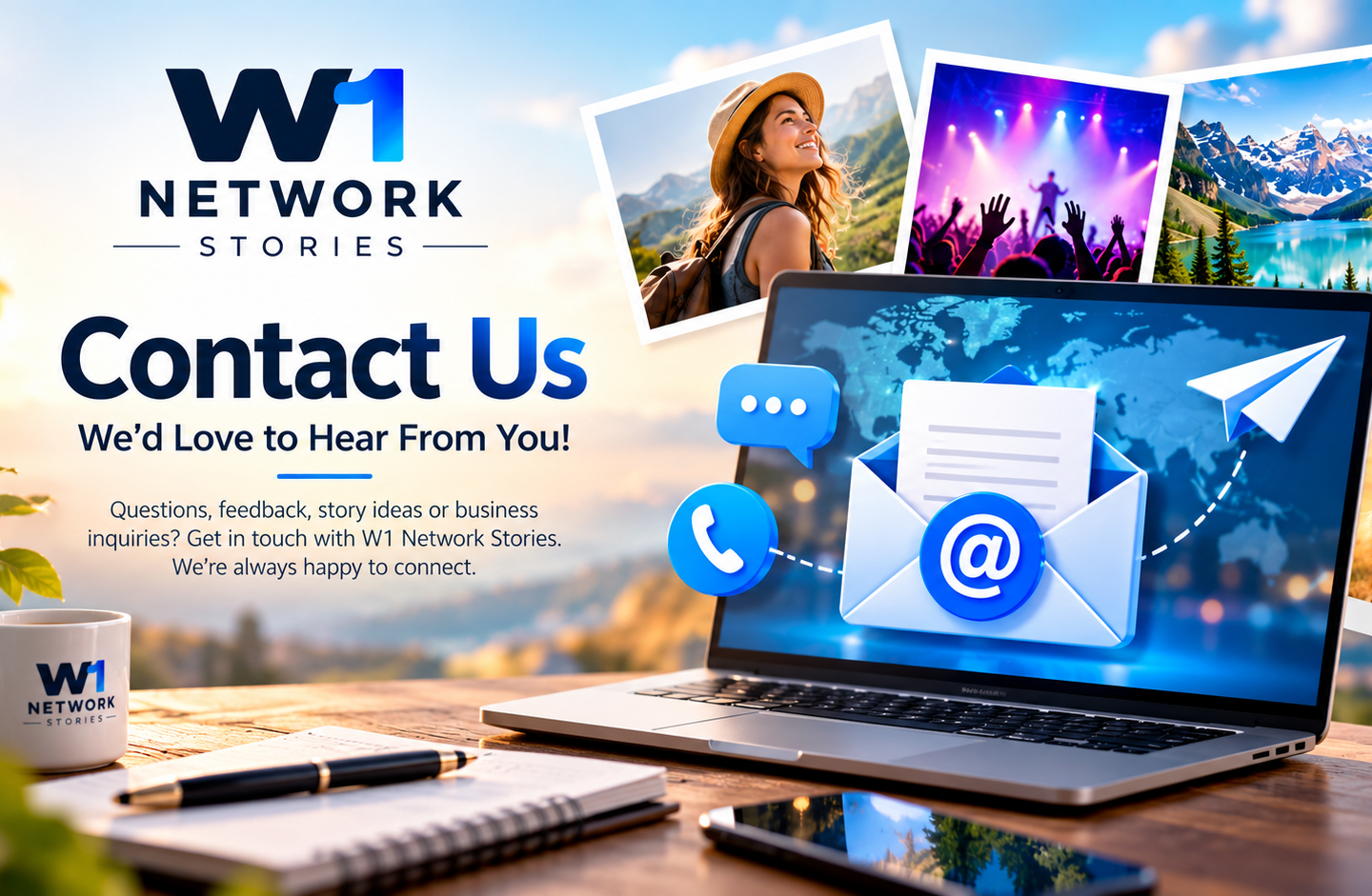 W1 Network Stories Contact Us banner featuring email communication, contact icons, and visual storytelling themes.