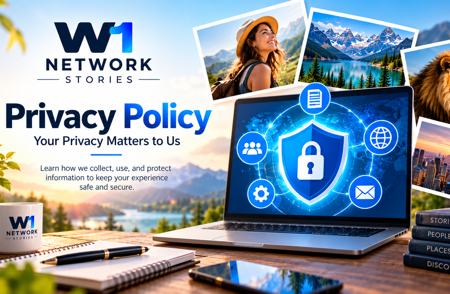 W1 Network Stories Privacy Policy banner featuring website privacy, data protection, and secure digital communication.